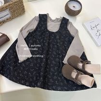 Girls denim skirt suit 2024 autumn new baby girl slim bottoming shirt floral vest skirt two-piece trendy set