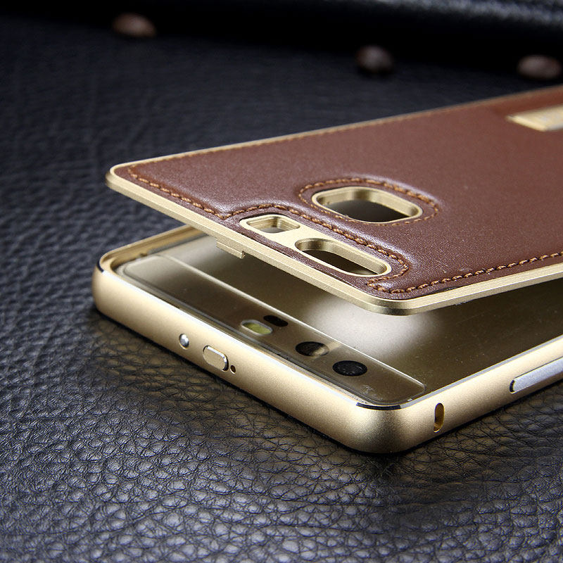 iMatch Luxury Aluminum Metal Bumper Premium Genuine Leather Back Cover Case for Huawei P9 Plus & Huawei P9