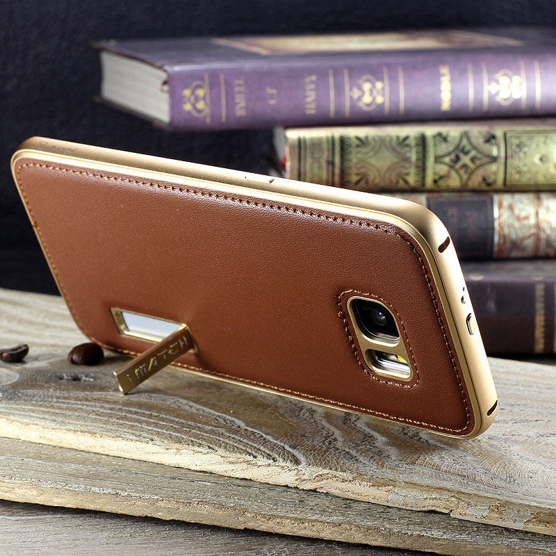 iMatch Luxury Aluminum Metal Bumper Premium Genuine Leather Back Cover Case for Samsung Galaxy S7 edge