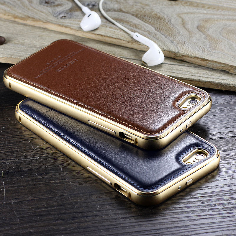 iMatch Luxury Aluminum Metal Bumper Premium Genuine Leather Back Cover Case for Apple iPhone 6S/6 & iPhone 6S Plus/6 Plus