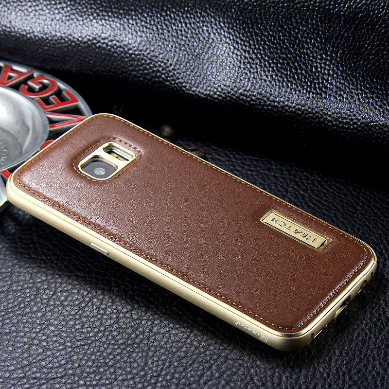 iMatch Luxury Aluminum Metal Bumper Premium Genuine Leather Back Cover Case for Samsung Galaxy S7 Edge
