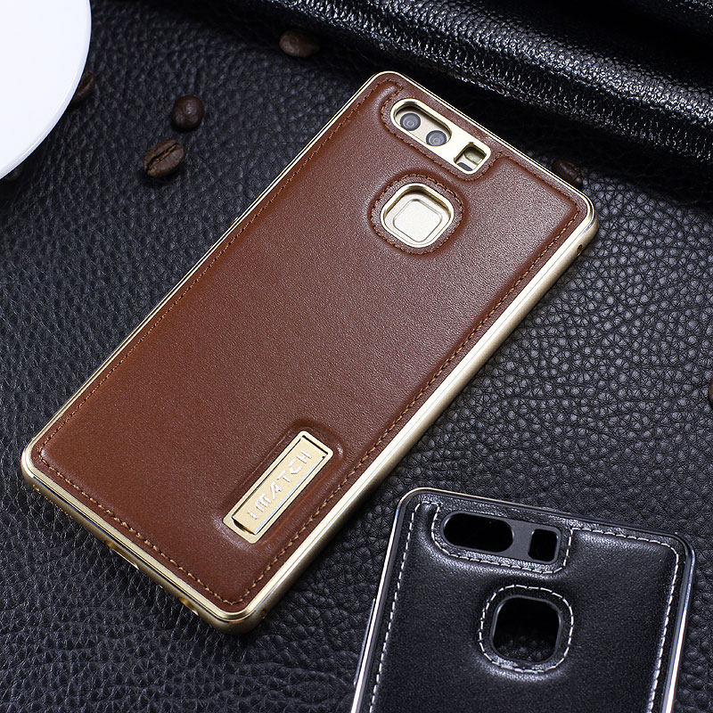 iMatch Luxury Aluminum Metal Bumper Premium Genuine Leather Back Cover Case for Huawei P9 Plus & Huawei P9