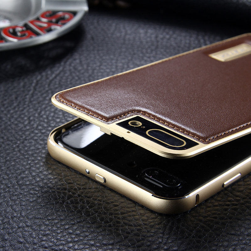 iMatch Luxury Aluminum Metal Bumper Premium Genuine Leather Back Cover Case for Apple iPhone 7 Plus & iPhone 7