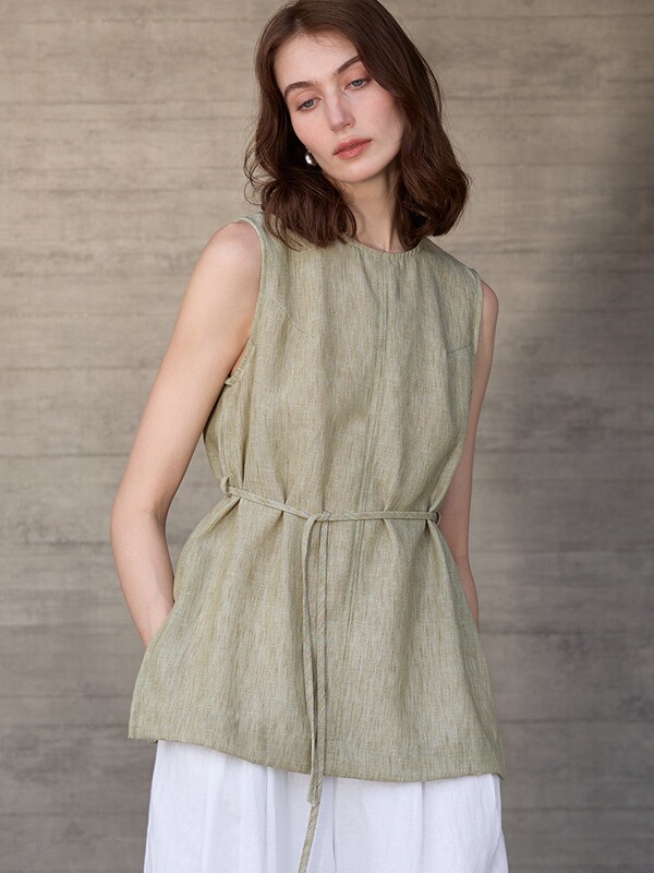 Mid-Length Round-Neck Pure Linen Women's Vest, High-End Old Money Style, Yarn-Dyed Camisole, Summer Tie-Up Loose Sleeveless Top Mid-Length Round-Neck Pure Linen Women's Vest, High-End Old Money Style, Yarn-Dyed Camisole, Summer Tie-Up Loose Sleeveless Top