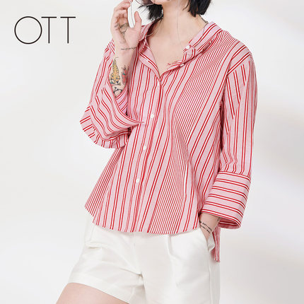 OTT原创轻奢女夏经典方领全棉直身竖条纹合体