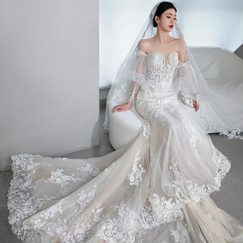 White lace fishtail light wedding dress bride 2024 new main yarn French tube top outer yarn small and high-end