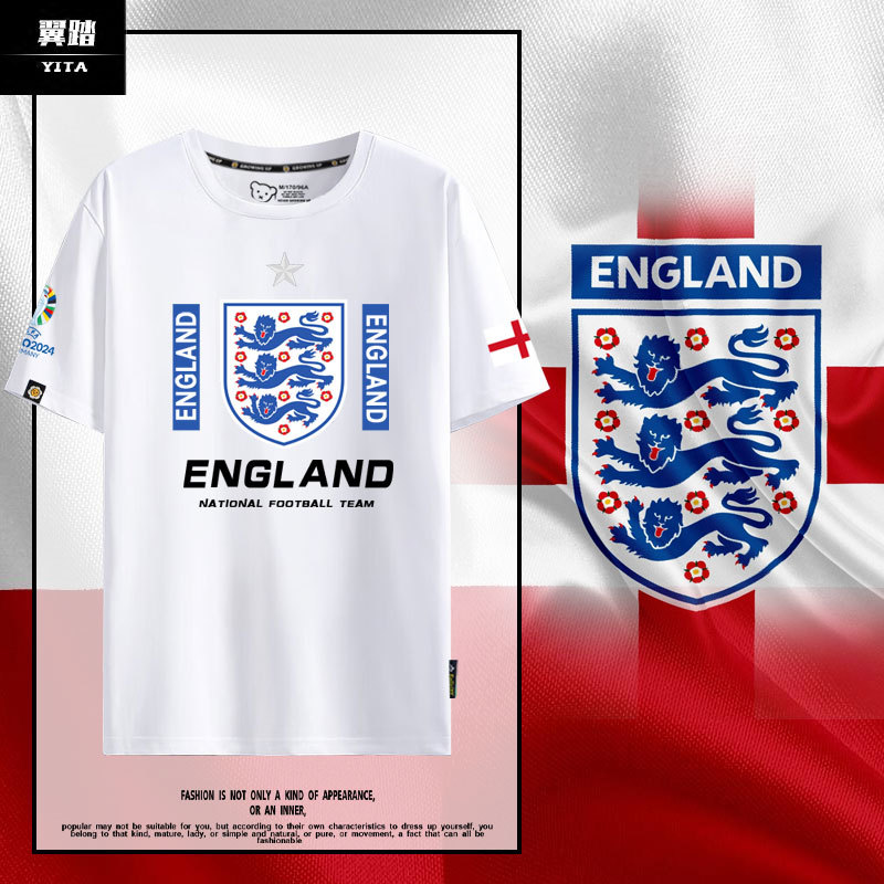 2024 European Cup England National Team Uniform Football Fan Uniform Short-Sleeved T-Shirt for Men and Women 200g Pure Cotton Half-Sleeved Shirt
