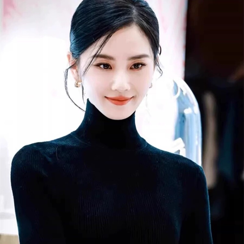 Liu Shishi Style Black Base Layer Sweater for Women, Autumn and Winter Seamless Solid Color Cashmere Sweater, Half Turtleneck Wool Slim-Fit Thick Sweater