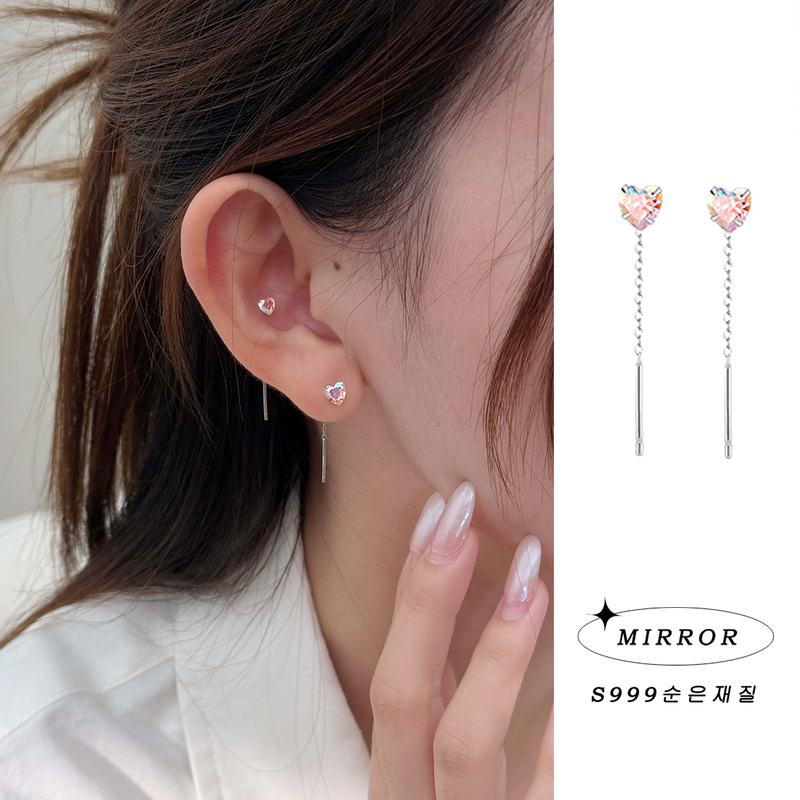 Little Deer 999 Pure Silver Colorful Heart Ear Cuffs Women's Earrings Personality Temperament Fashion ins Trendy Artistic
