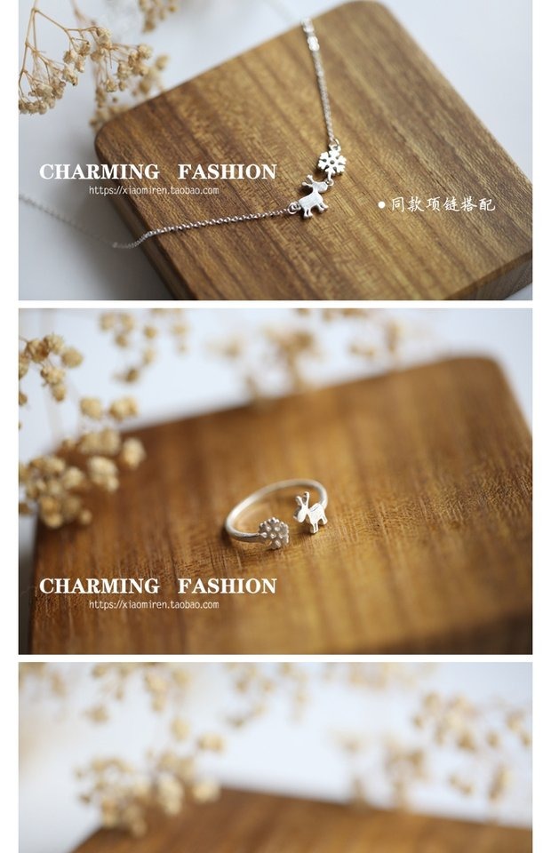 S925 bông tuyết bạc nhỏ elk bạc chải chải mở có thể được điều chỉnh dễ thương Nhật Bản và lễ hội nhẫn quà tặng nữ nhẫn vàng tây nữ