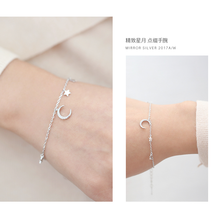 月亮 麋 人 闪 钻 弯弯 月亮 Mini Sao Tua Mặt Dây Chuyền S925 Sterling Silver Bracelet Trang Sức Quà Tặng Nhật Bản và Hàn Quốc Nữ