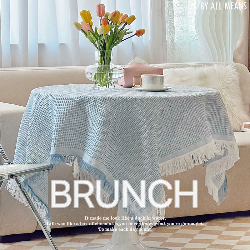Nordic White Waffag Square Table Cloth Round Table Tablecs Top Feel Light Lavish Dust Cap Cotton Linen Decoration Photo