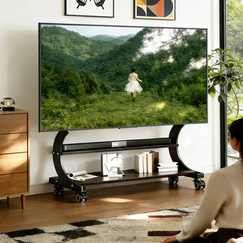 Movable Tv Floor Stand Solid Wood Tv Cabinet Living Room Art Cart with Wheels 75/85/98/ 100inch