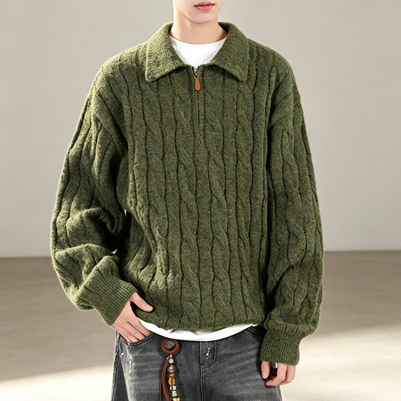 American Retro Twist-Knit Half-Zip Polo Collar Sweater for Men and Women, Loose Fit, Casual Versatile Sweater for Couples in Autumn and Winter American Retro Twist-Knit Half-Zip Polo Collar Sweater for Men and Women, Loose Fit, Casual Versatile Sweater for Couples in Autumn and Winter