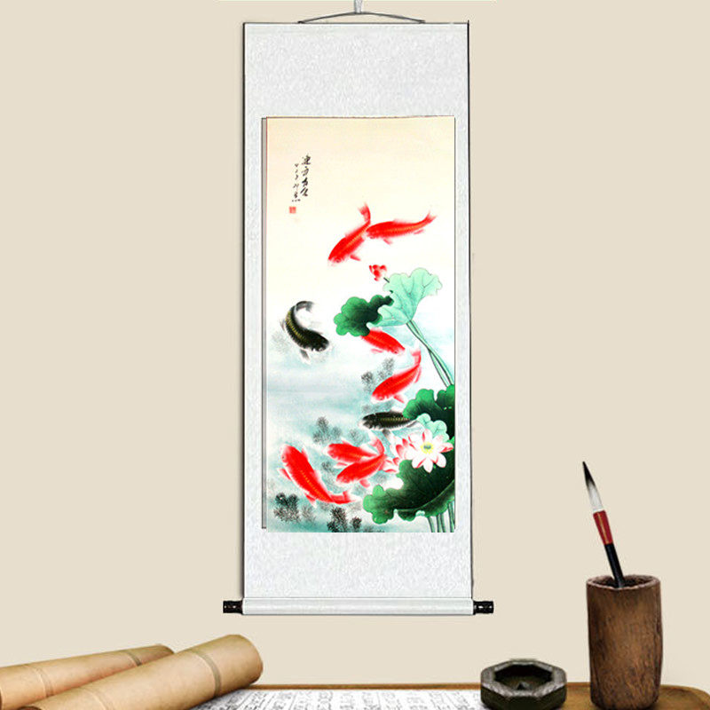 Calligraphy and painting hand-painted authentic nine fish picture Chinese painting has been mounted vertical scroll calligraphy and painting office living room decorative painting hanging painting