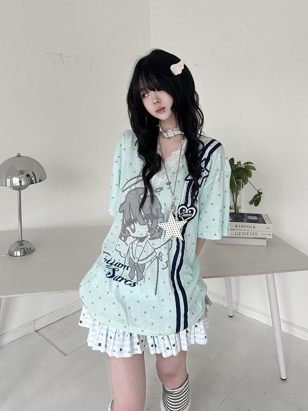 Cute Polka Dot Anime Style Lace V-Neck Short Sleeve T-Shirt for Women, Light Asian Style Y2K Loose Top Cute Polka Dot Anime Style Lace V-Neck Short Sleeve T-Shirt for Women, Light Asian Style Y2K Loose Top
