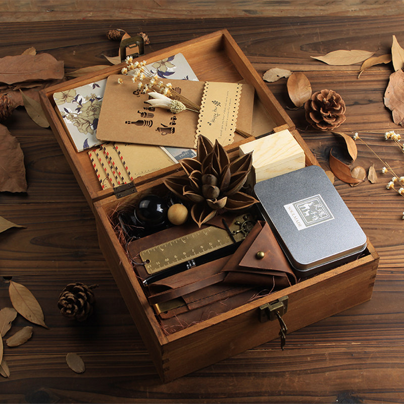 Retro wooden box cowhide book hand book creative notebook stationery men and women gift diary notepad gift box