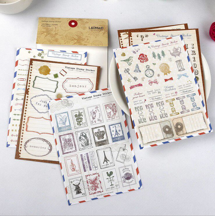 Hand Ledger Sticker Vintage Stamp Sticker Retro Stamp Paper Decorative Sticker 6 Sets A69