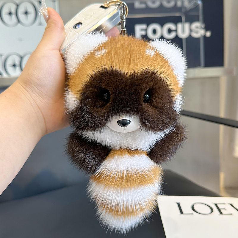 Cute Mink Fur Raccoon Car Keychain Plush Doll Car Toy Backpack Pendant Gift
