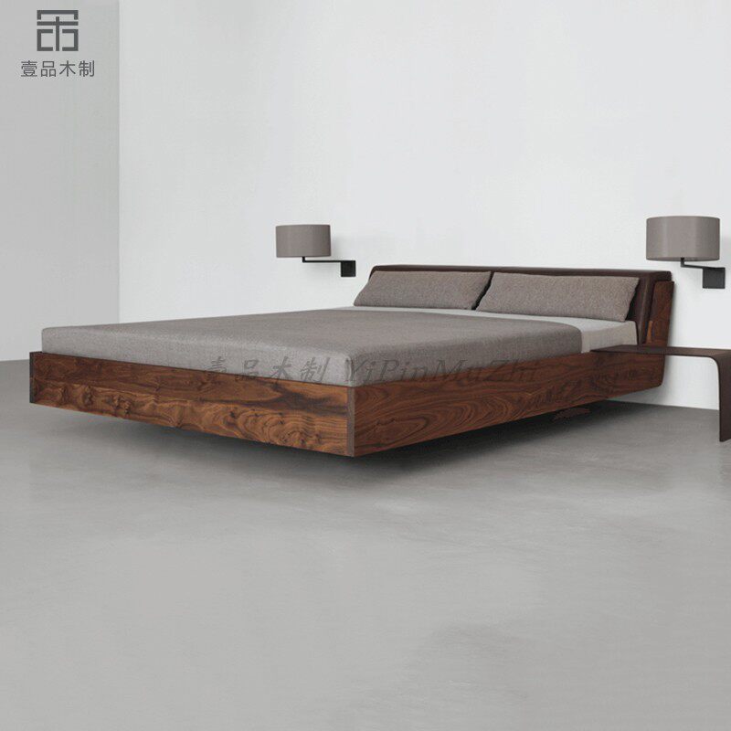 Nordic solid wood bed suspended tatami bed Japanese oak double bed simple black walnut bedroom low bed can be customized
