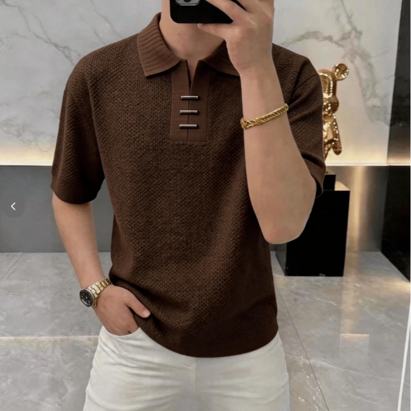 2026 New Light Luxury Summer Men's Old Money Style Melard Brown Polo Shirt Short-Sleeved T-Shirt with a Collar Fashionable Top
