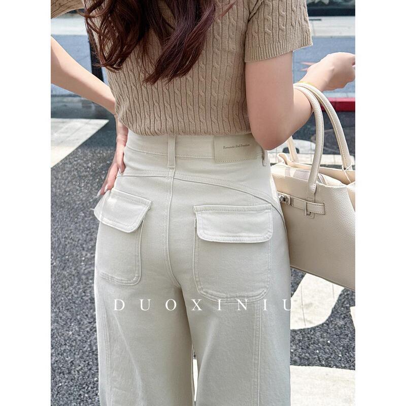 Duoxiniu Spring and Summer Beige Wide-Leg Curved Jeans for Women, Mid-High Waist, Hip-Lifting Design, Slimming and Versatile 86032