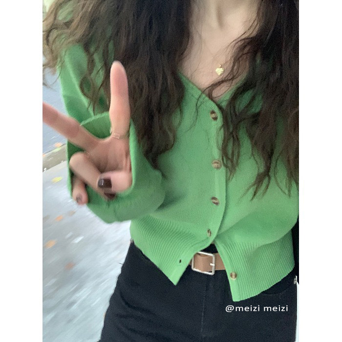 Original Yumiko Green Onion Candy Color ~ Fall Sashimi V Collar Sweater Coat Cardiovert Coat Woman Early Autumn Outfitting Knitted Blouse