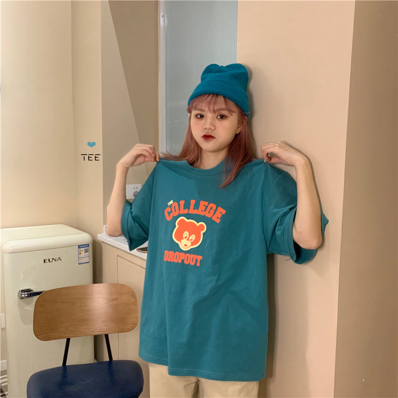 Original Jiu Mezi Han Wind Chic Yuan Gas Fun Cartoon Print Minus Age Lake Green Summer Short Sleeve T-shirt