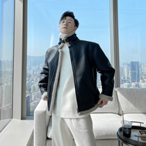 (VERA men) South Korea loose Ruffian lamb wool splicing motorcycle leather jacket thick jacket coat tide man
