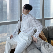 (VERA KANE) Korea ins leisure Academy style pearl chain stripes wild loose long sleeve shirt trendo