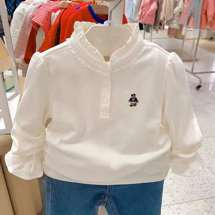リトルベアー 子供服 2023 春 女の子 レース スタンドカラー ピュアコットン ホワイト Tシャツ シャツ ボトリングシャツ TKLA231151K
