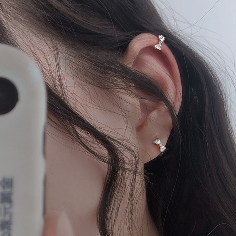 Small butterfly knot element earbone ear buckle 925 pure silver inlaid drill earrings cute and delicate earrings female Korean version
