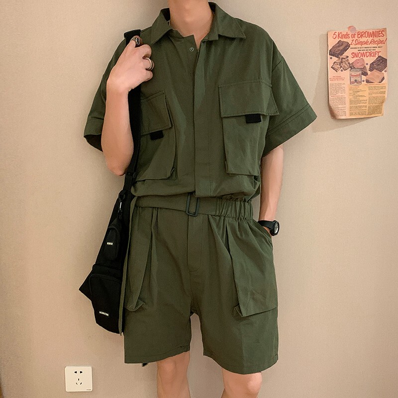 Teenager Retro Hip-Hop Straight-Leg Japanese Style Cool Functional Workwear Shirt Stylish Wide-Leg Shorts Set