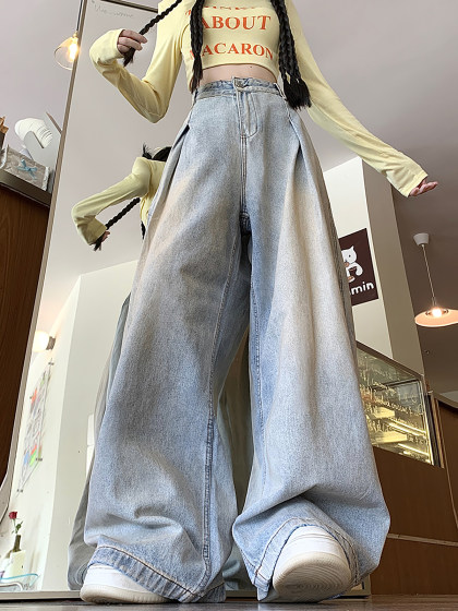 水洗做旧垂感拖地阔腿裤子男女显瘦设计扎染哈伦牛仔长裤2024新款