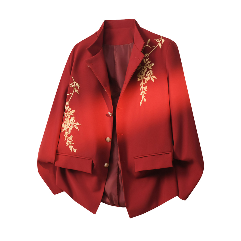 New Chinese-Style Stand-Collar Embroidered Blazer for Men, High-End Light Luxury Style Small Suit, Red Engagement Wedding Dress