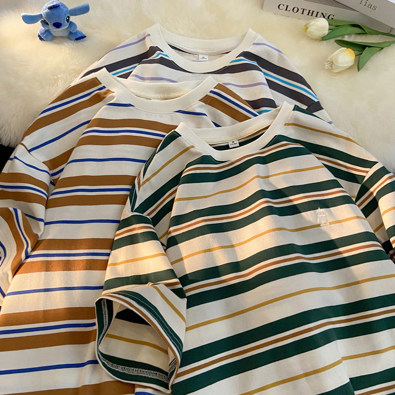 Fashionable Striped Pure Cotton Short-Sleeve T-Shirt for Men and Women, 2025 Summer New Loose Color-Blocked Base Shirt Trendy Top Tee