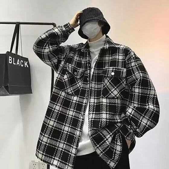 Light familiar style houndstooth woolen tooling jacket men's all-match ruffian handsome Korean style youth Korean trendy jacket