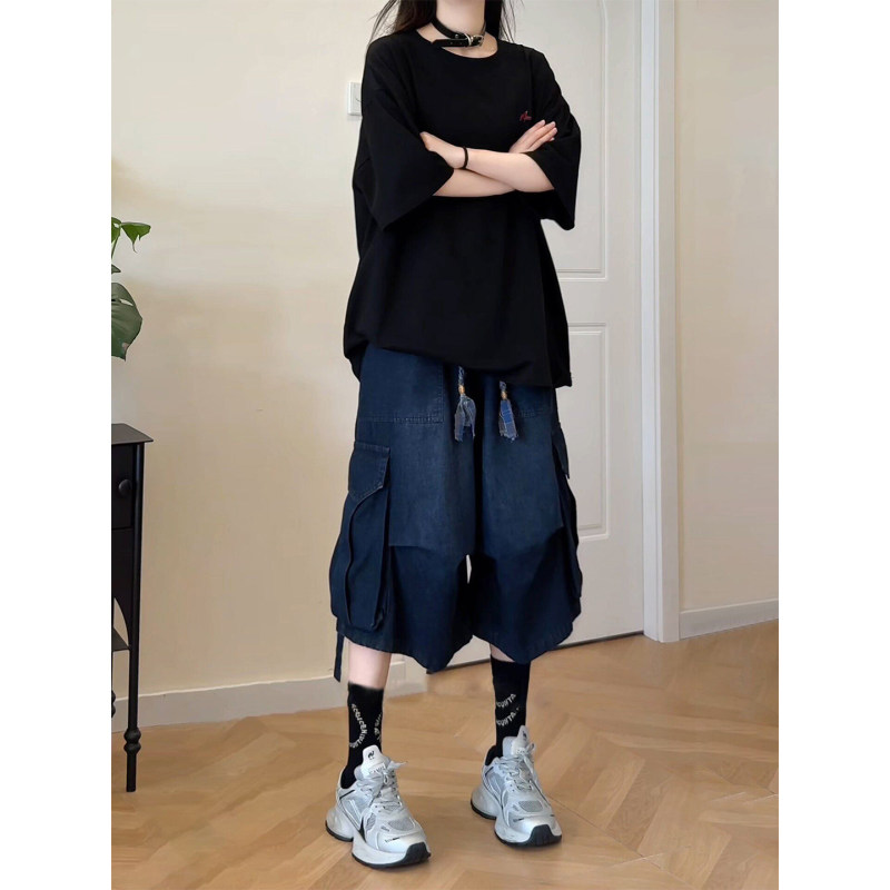 American-Style Pleated Workwear Shorts for Men and Women with Large Pockets and Ribbon Design, Straight-Leg Commuter Cropped Harem Jeans