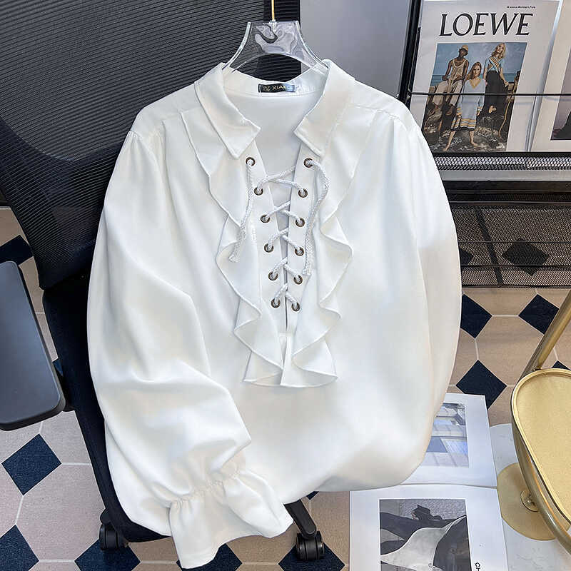 Designed with Ruffled Drawstring Vintage Cuffs, Men's Niche European and American Style Palace Long-Sleeved Shirt, Unique and Trendy Shirt Designed with Ruffled Drawstring Vintage Cuffs, Men's Niche European and American Style Palace Long-Sleeved Shirt, Unique and Trendy Shirt