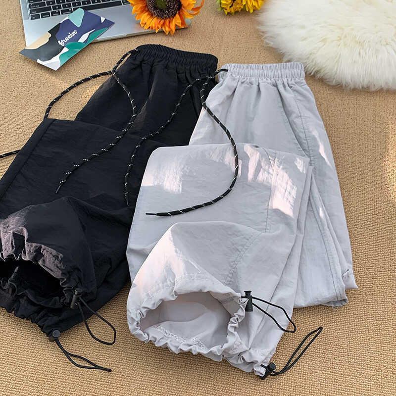 Men's Waterproof Outdoor Hiking High-Street Black Straight-Leg Cargo Pants with Drawstring, Ice Silk Wrinkle-Resistant, Thin Style