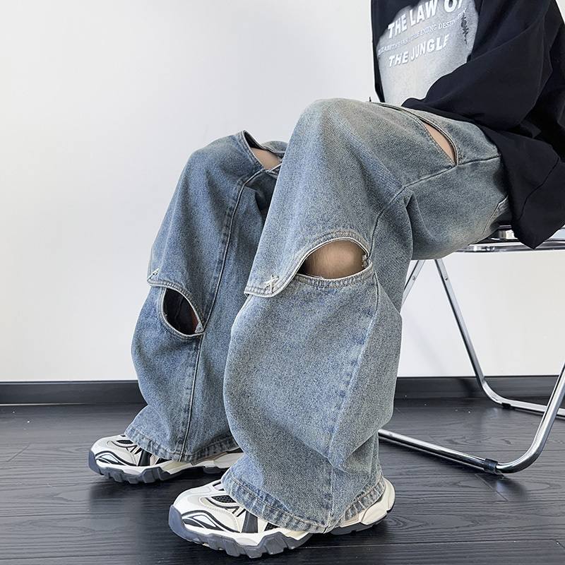 High Street Retro Button Ripped Design Jeans for Men, Cool and Trendy, Heavy-Duty Washed Thin Wide-Leg Straight Pants