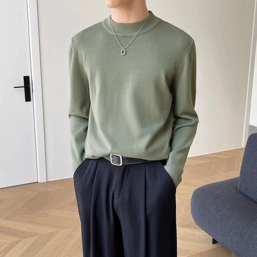 Мужской демисезонный цветной базовый трендовый трикотажный свитер для отдыха, высокий воротник, в корейском стиле