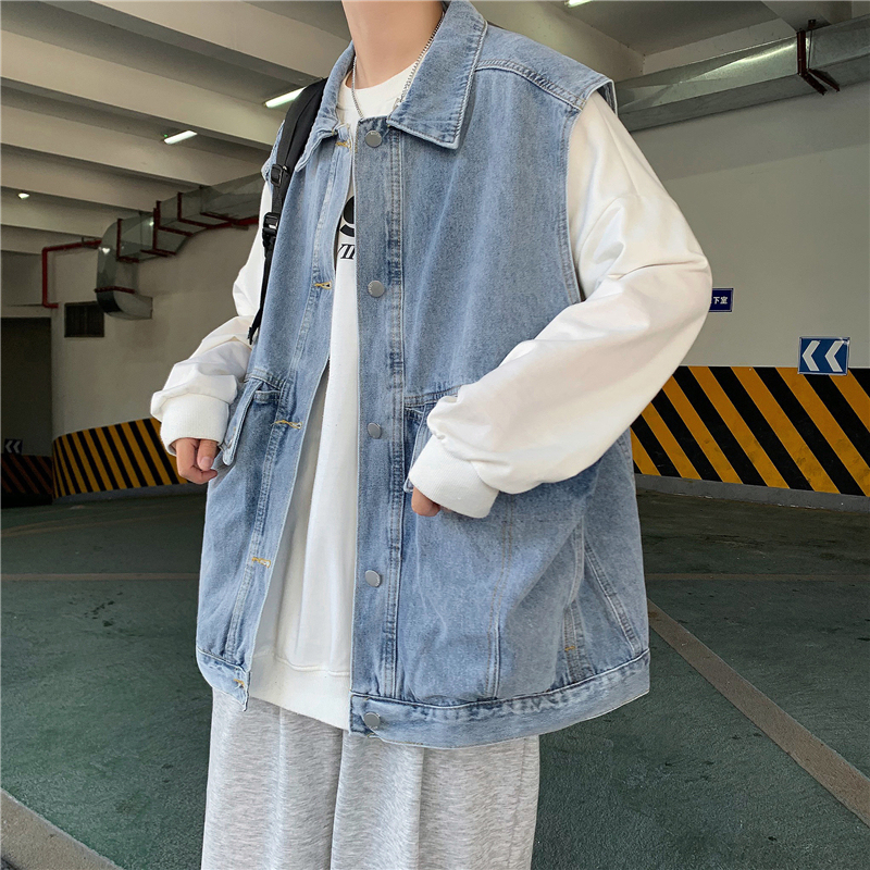 Vintage ins Washed Denim Vest Jacket for Men, Trendy Autumn Versatile Loose-Fitting Couple's Sleeveless Jacket