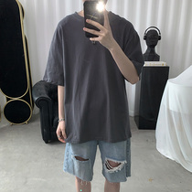 Hong Kong style ins solid color short-sleeved t-shirt boys summer trend couple five-point sleeve t-shirt bottoming shirt half-sleeve top tide