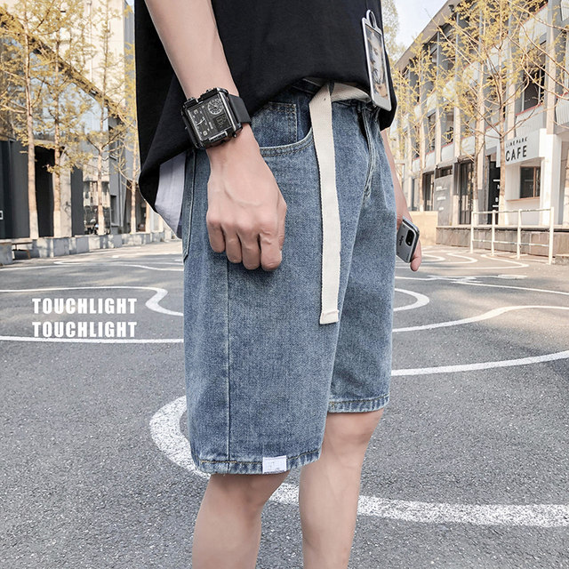 2024 denim shorts men's trendy brand ins Internet celebrity casual five-point pants loose summer breeches versatile Hong Kong style pants