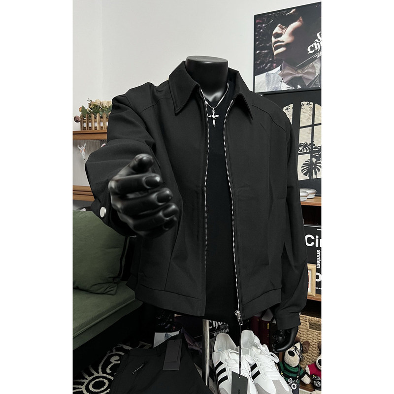 Black Short Bomber Jacket for Men, Stylish Spring American-Style Lapel Executive Jacket, High-End Regular Shoulder Top