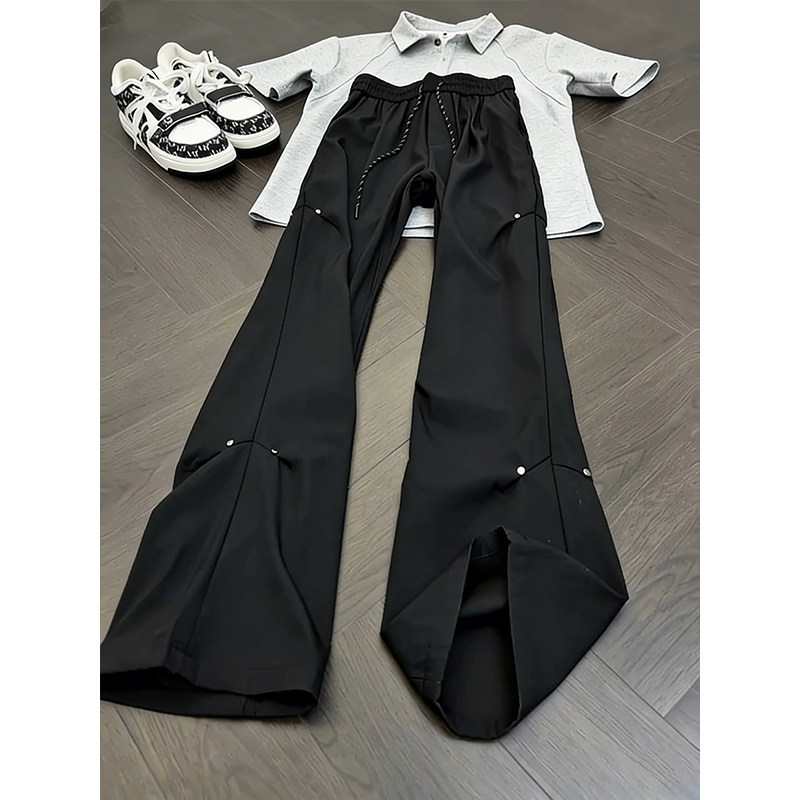 Black Pleated Flared Pants for Men and Women, Slimming Design with Rivets, Drapey Casual Vibe Wide-Leg Hiking Pants