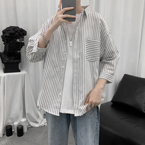 2022 new trend shirt mens seven-point stripe Hong Kong style Japanese handsome ins style shirt Korean version casual all-match
