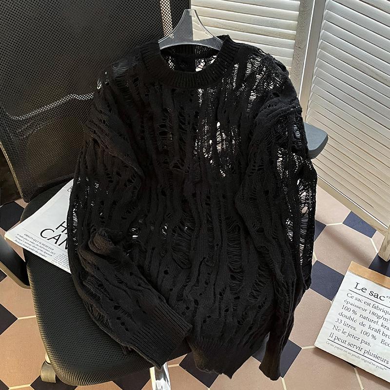 Niche Design Hollow-Out Pullover Sweater for Men, Trendy ins Loose Casual Ripped Knit Cover-Up Top