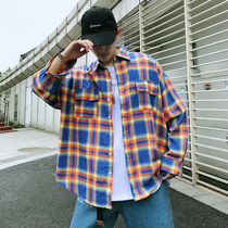 Summer ins Super fire Plaid long sleeve shirt men autumn Korean tide students loose personality ulzzang Tide brand